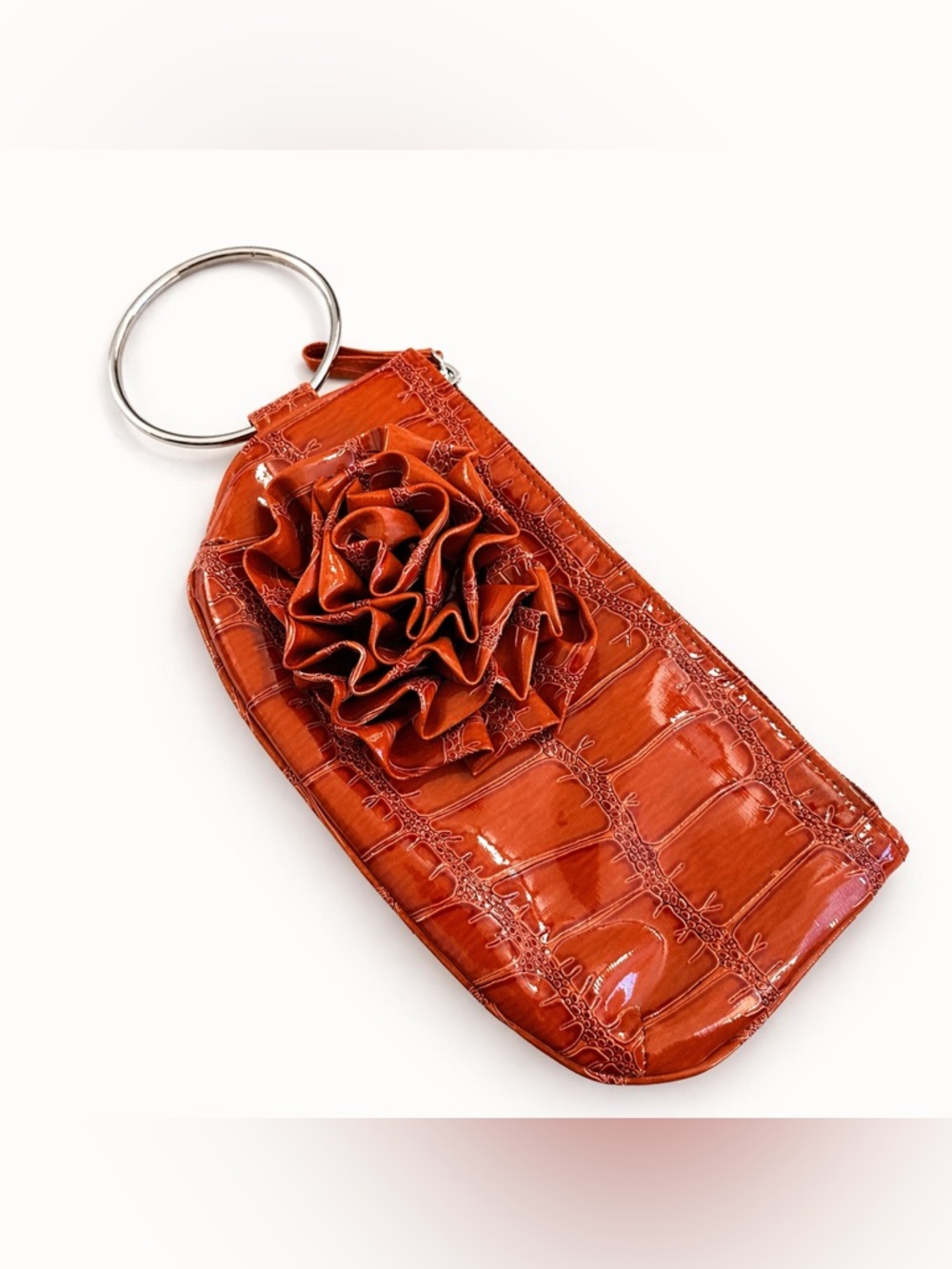 CHATEAU Vintage Y2K Wristlet Orange Croc-Embossed Ring Handle Flower Accent
